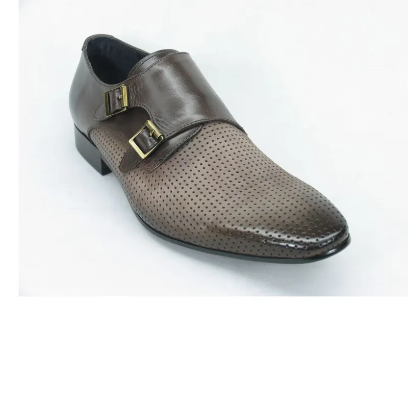 Mens Perforated Leather Double Monk Strap Dress Shoe in Brown sold by Alberto Nardoni