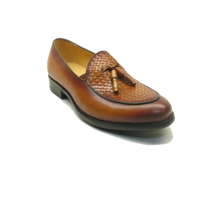 Mens Carrucci Woven Leather Tassel Loafer Dress Shoe in Cognac sold by Alberto Nardoni