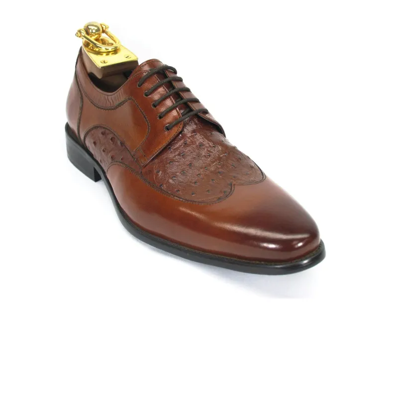Mens Carrucci Ostrich Embossed Leather Wingtip Dress Shoe in Cognac sold by Alberto Nardoni