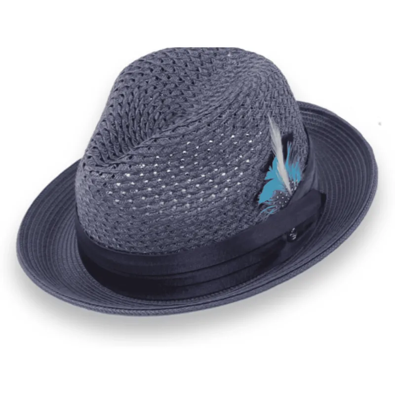 Castor Crushable Straw Hat Fedora in Navy sold by Alberto Nardoni