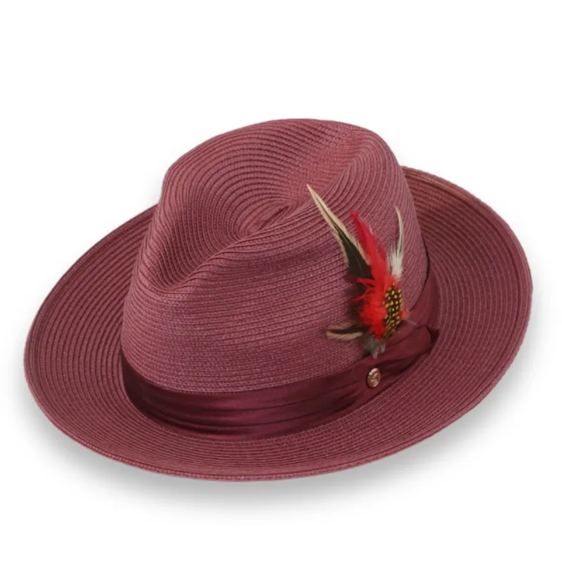 Tapa Crushable Straw Hat Fedora in Burgundy sold by Alberto Nardoni