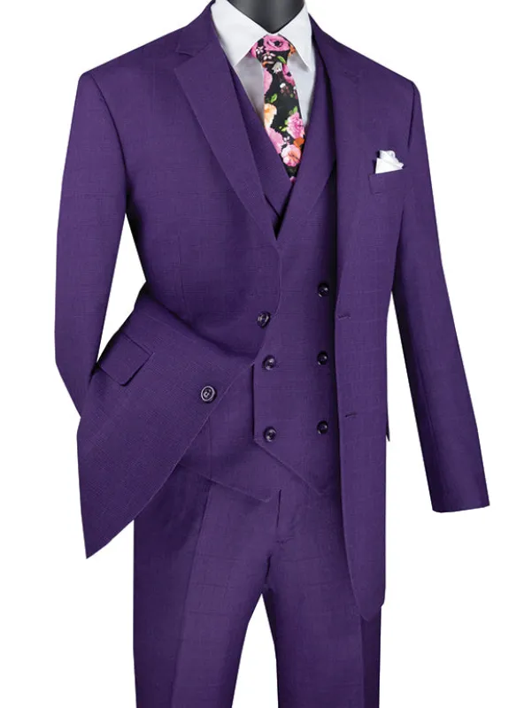 Venetian Collection - Purple Regular Fit Glen Plaid 2 Button 3 Piece Suit sold by Alberto Nardoni