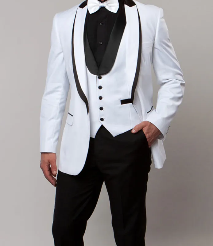 White Slim Fit Tuxedo 3 Piece with Satin Shawl Collar Vest sold by Alberto Nardoni