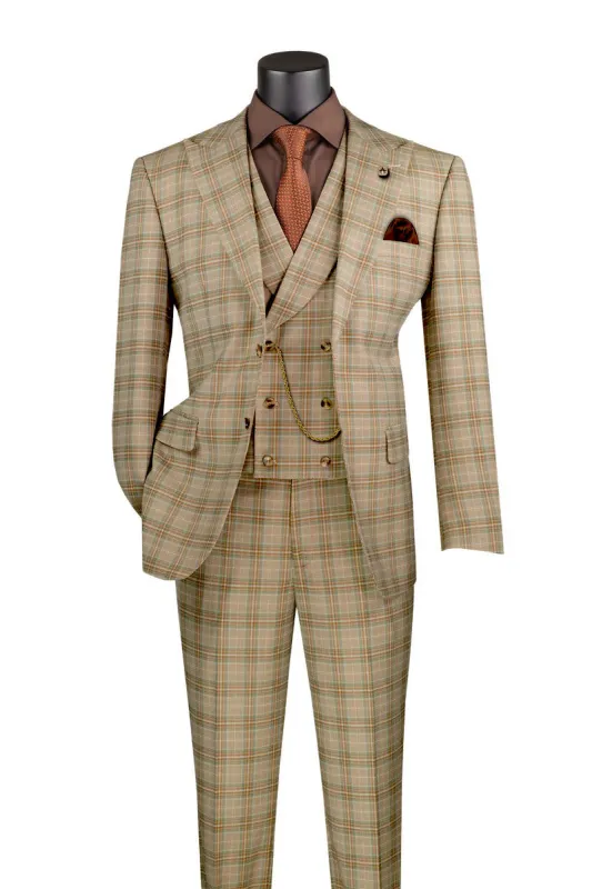 Khaki Modern Fit Windowpane Peak Lapel 3 Piece Suit sold by Alberto Nardoni
