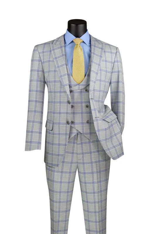 Modern Fit Windowpane Suit 3 Piece with U-Neck Vest in Light Gray sold by Alberto Nardoni