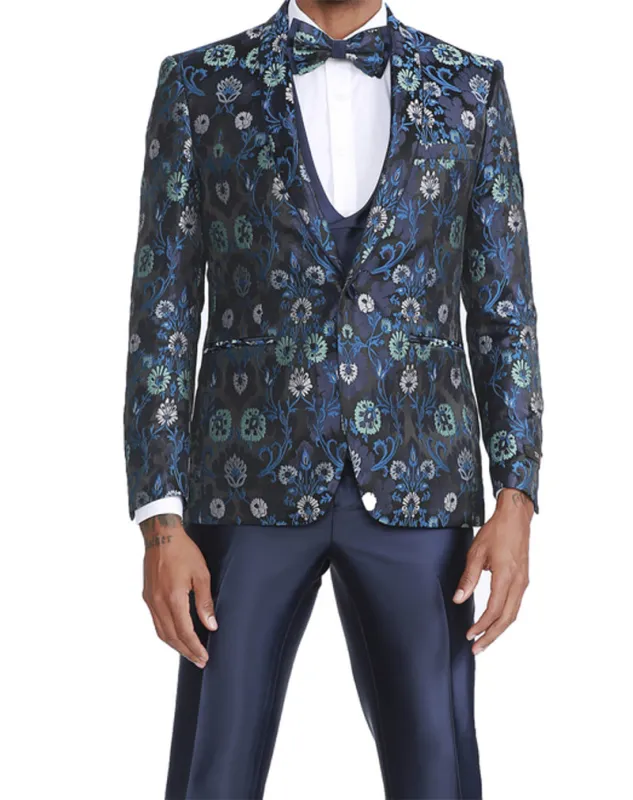 Navy Slim Fit Tuxedo 4 Piece Floral Pattern with Bow Tie sold by Alberto Nardoni