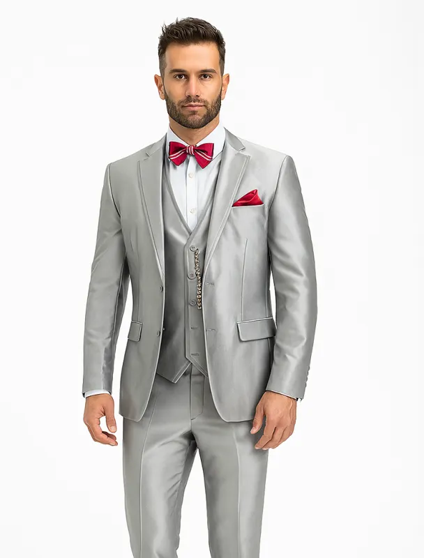 Slim Fit 3 Piece Satin Suit in Silver sold by Alberto Nardoni