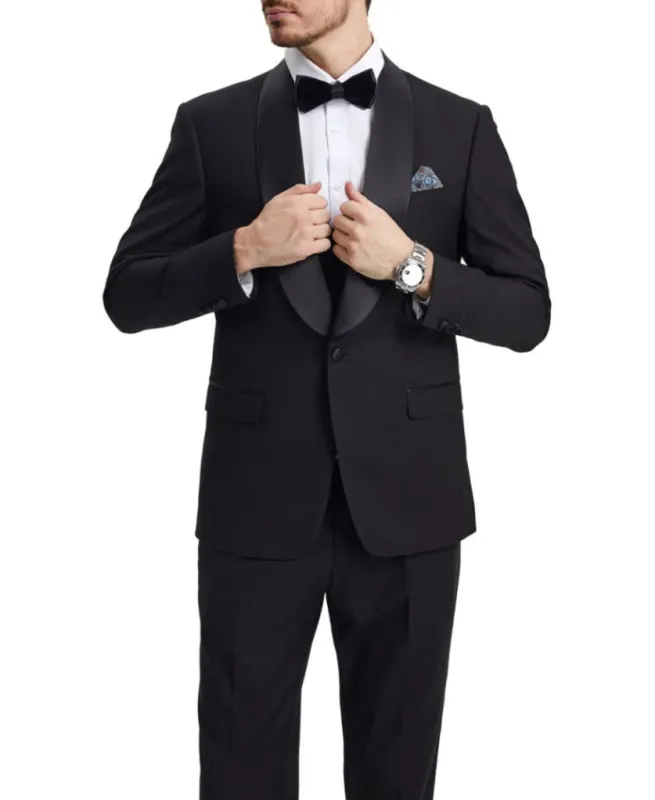 Stacy Adams - Black 3 Piece Hybrid Fit Tuxedo Satin Shawl Lapel sold by Alberto Nardoni