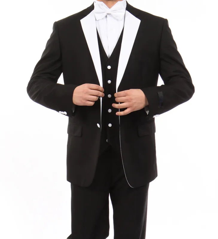 Black Modern Fit Tuxedo 3 Piece with White Lapel 6 Button Vest sold by Alberto Nardoni
