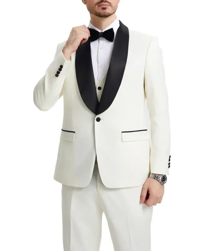 Stacy Adams - Ivory 3 Piece Hybrid Fit Tuxedo Satin Shawl Lapel sold by Alberto Nardoni