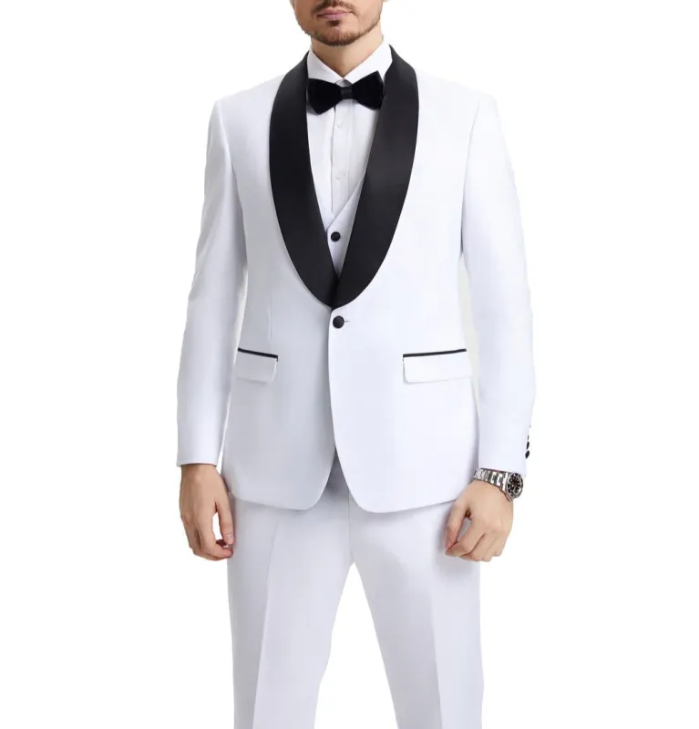 Stacy Adams - White 3 Piece Hybrid Fit Tuxedo Satin Shawl Lapel made by Alberto Nardoni