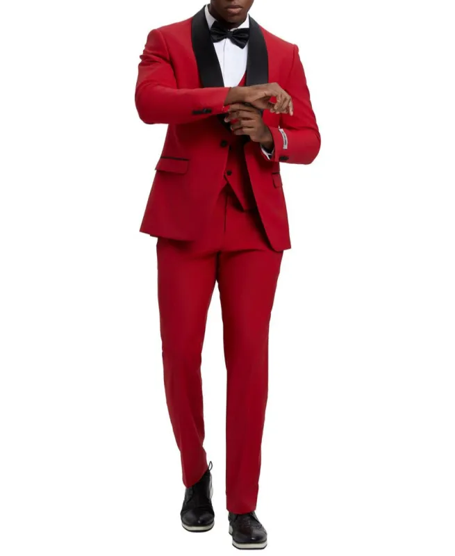 Stacy Adams - Red 3 Piece Hybrid Fit Tuxedo Satin Shawl Lapel sold by Alberto Nardoni