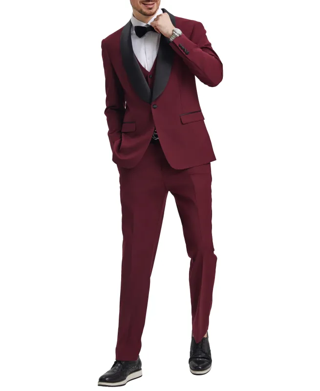Stacy Adams - Burgundy 3 Piece Hybrid Fit Tuxedo Satin Shawl Lapel sold by Alberto Nardoni