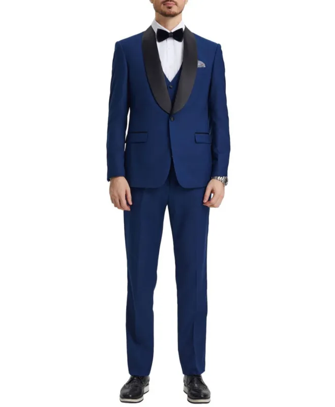 Stacy Adams - Indigo 3 Piece Hybrid Fit Tuxedo Satin Shawl Lapel sold by Alberto Nardoni