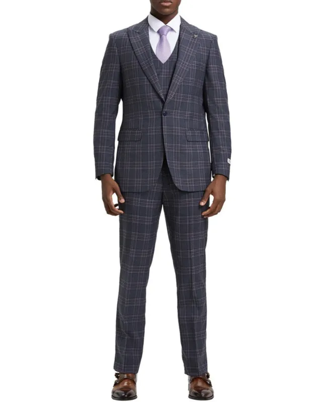 Stacy Adams - Grey 3 Piece 2 Button Plaid Peak Lapel Suit sold by Alberto Nardoni