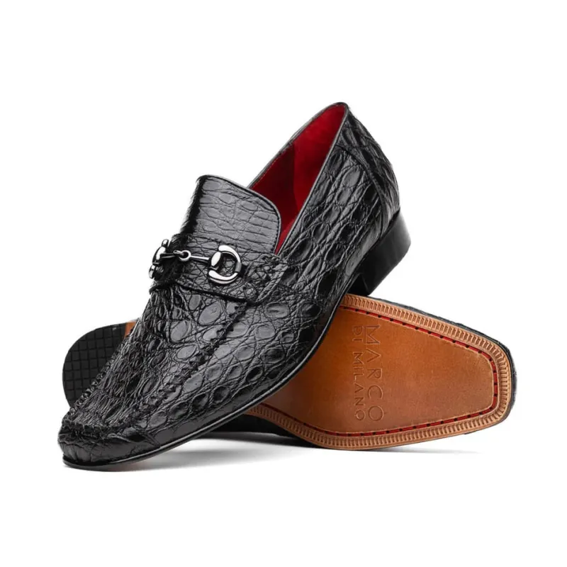 Marco Di Milano Landro Men's Shoes Black Exotic Crocodile Horsebit Loafers sold by Alberto Nardoni