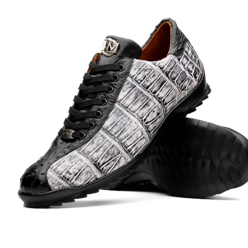 Marco Di Milano Saulo Men's Shoes Black & Newspaper Exotic Ostich / Alligator Casual Sneakers sold by Alberto Nardoni