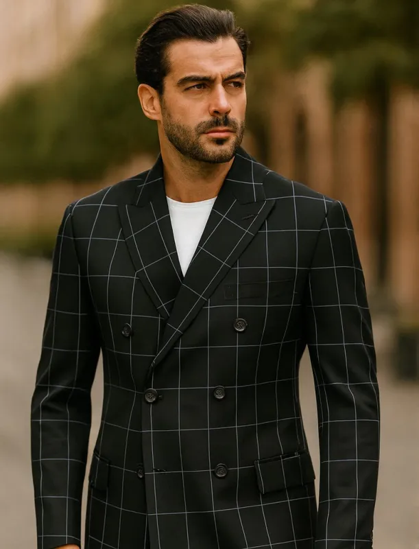 1920's Mens Vested Bold Gangster Vintage Plaid Suit With White Vest in Black sold by Alberto Nardoni