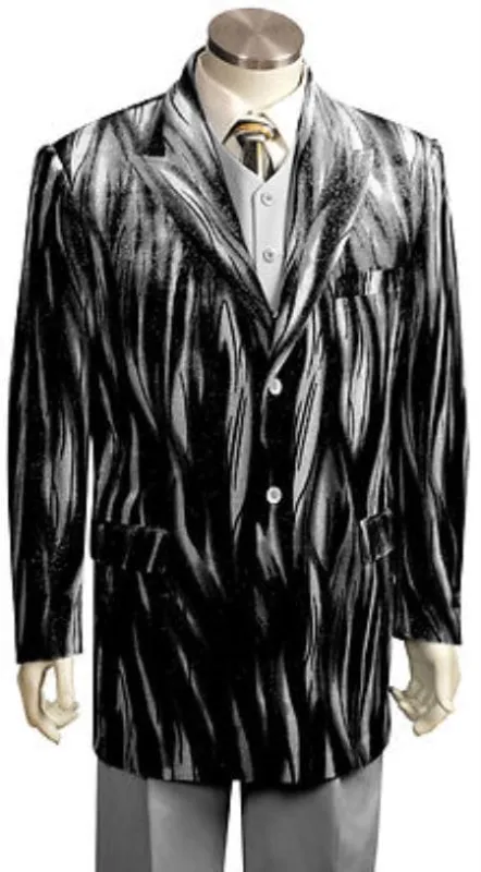 Men's Entertainer Black Silver Velvet Cool Sparkly Zebra Print Suit sold by Alberto Nardoni