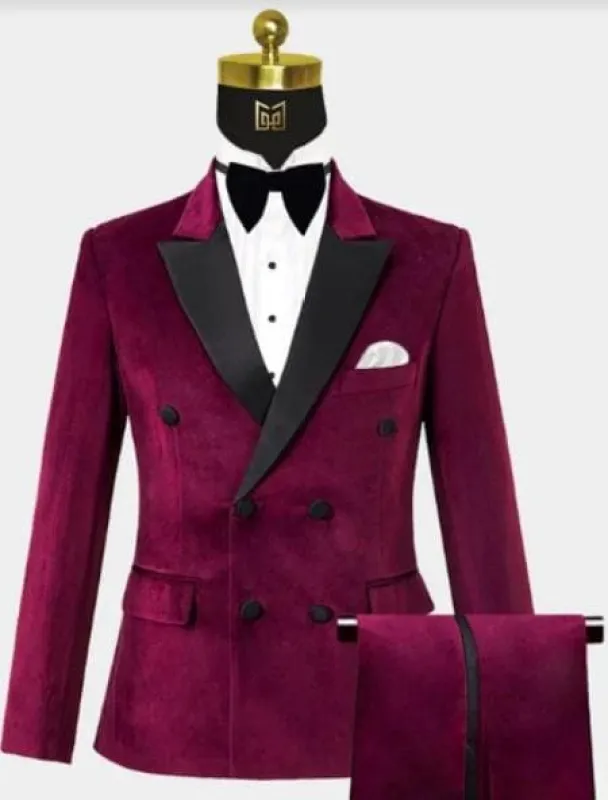 SKU#JA58270 Mens Burgundy Velvet Tuxedo - Velvet Suits Double Breasted Tuxedo Suits - Slim Fit sold by Alberto Nardoni