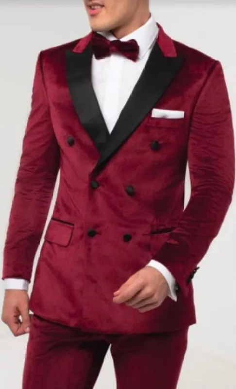 SKU#JA58269 Mens Burgundy Velvet Tuxedo - Velvet Suits Double Breasted Tuxedo Suits - Slim Fit sold by Alberto Nardoni