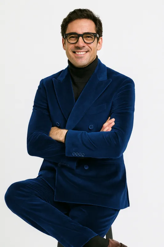 Mens Double Breasted Suits Slim Fitted - Velvet Suit - Winter Fabric Dark Royal Suit sold by Alberto Nardoni