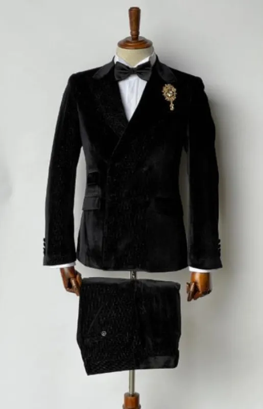 Mens Velvet Suit - Slim Fit  Double Breasted Suit - Blazer and Pants Black sold by Alberto Nardoni