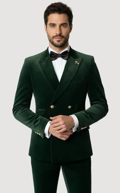 Mens Velvet Suit - Slim Fit Double Breasted Suit - Blazer and Pants Green sold by Alberto Nardoni