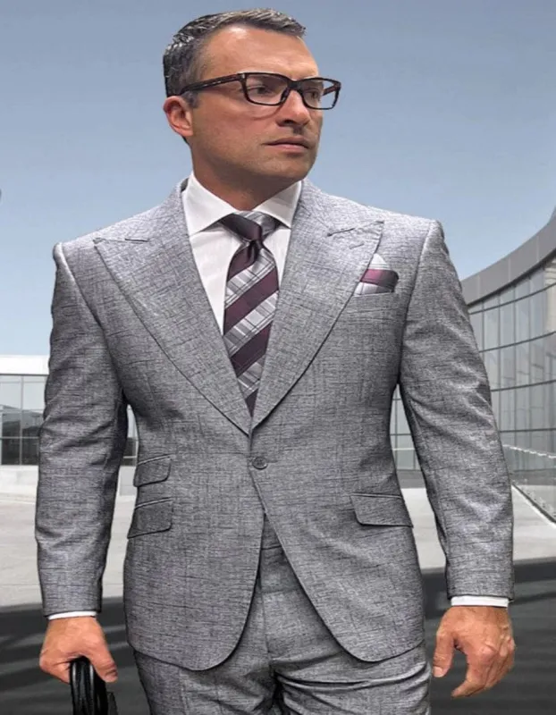 Mens 3 Piece 100 Percent Wool Suit - Affordable Italian Super 150's Fabric in Plaid Texture Fabric in Color Light Grey - Online Special sold by Alberto Nardoni