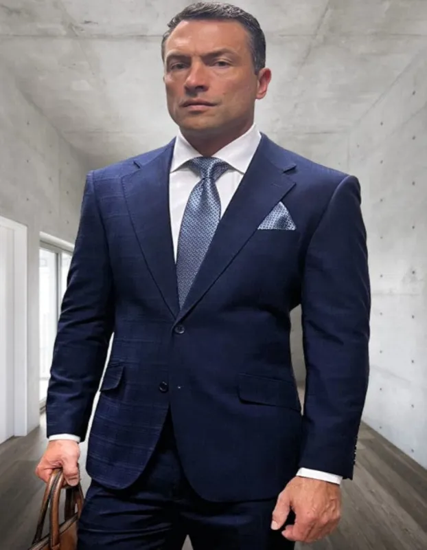 Mens 3 Piece 100 Percent Wool Suit - Affordable Italian Super 150's Fabric in Plaid Texture Fabric in Color Navy Blue - Online Special made by Alberto Nardoni