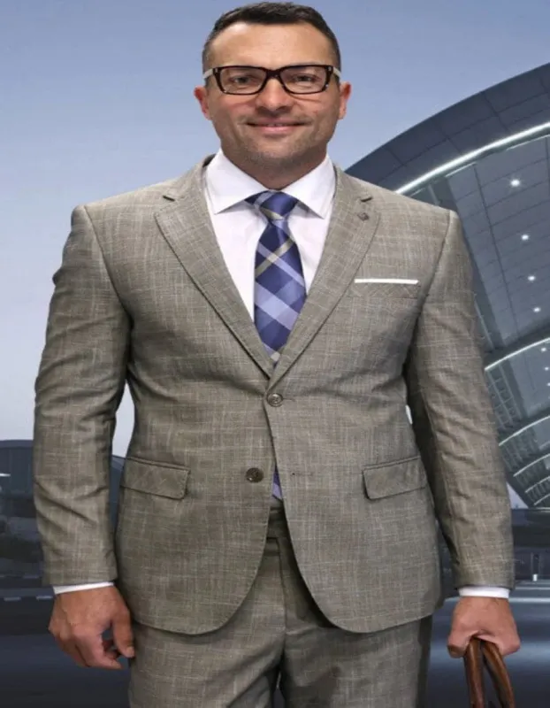 Mens 3 Piece 100 Percent Wool Suit - Affordable Italian Super 150's Fabric in Plaid Texture Fabric in Color Tan - Online Special sold by Alberto Nardoni