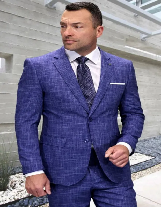 Mens 3 Piece 100 Percent Wool Suit - Affordable Italian Super 150's Fabric in Plaid Texture Fabric in Color Sapphire - Online Special sold by Alberto Nardoni