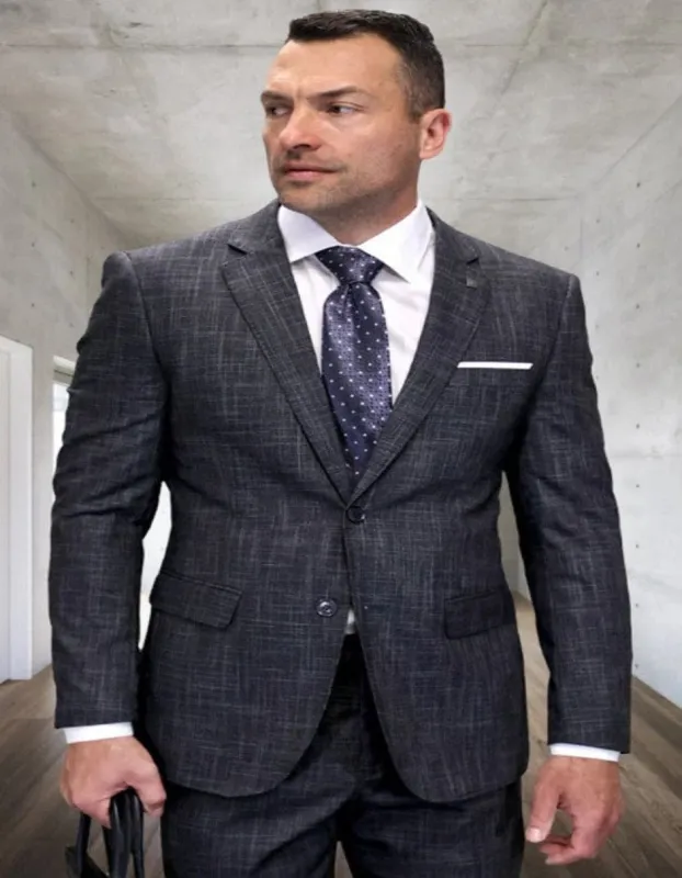 Mens 3 Piece 100 Percent Wool Suit - Affordable Italian Super 150's Fabric in Plaid Texture Fabric in Color Carbon - Online Special sold by Alberto Nardoni