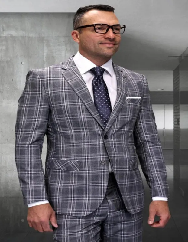 Mens 3 Piece 100 Percent Wool Suit - Affordable Italian Super 150's Fabric in Plaid Texture Fabric in Color Taupe - Online Special sold by Alberto Nardoni