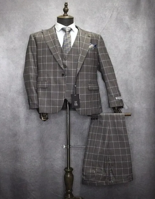 Mens One Button Peak Lapel Plaid Pattern Suit Tan ~ White ~ Blue sold by Alberto Nardoni