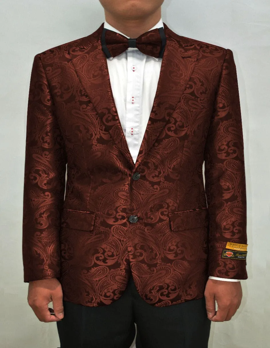 Mens Paisley Blazer - Floral Pattern Rust Copper Color and Black Mix - Light Brown Color Tuxedo Dinner Jacket sold by Alberto Nardoni