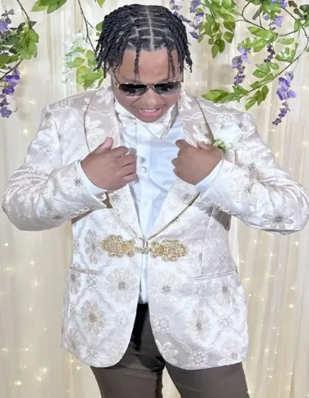 Mens Vintage Style Brocade Pattern Tuxedo Dinner Jacket in Ivory Cream sold by Alberto Nardoni