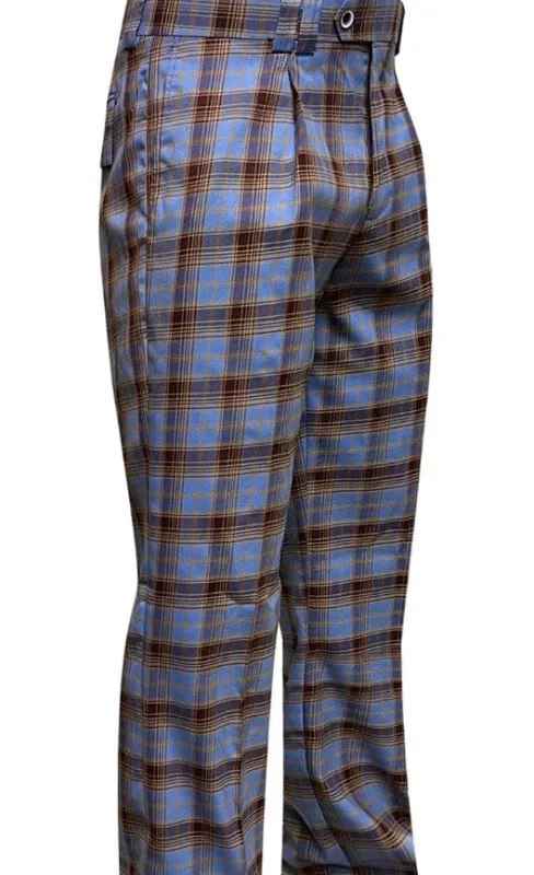 Mens Designer Wool Pleated Wide Leg Dress Pants in Blue and Brown Plaid sold by Alberto Nardoni