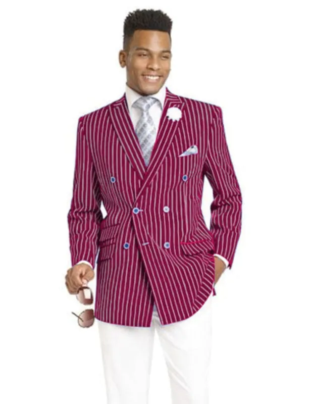 Mens Double Breasted Blazer in Color Burgundy - Pinstripe Sportcoat sold by Alberto Nardoni