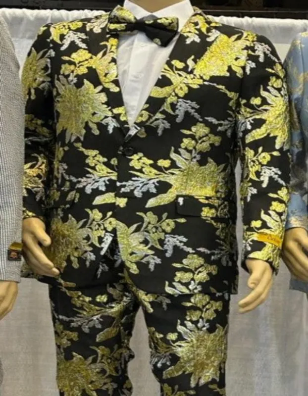 Black and Gold and Sliver Prom Suit - Paisley Floral Tuxedo Suit With Matching Bowtie - Paisley Pattern made by Alberto Nardoni