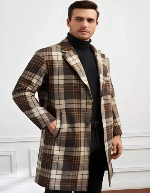 Plaid Wool Overcoat – Brown & Camel Mixed Color Topcoat sold by Alberto Nardoni