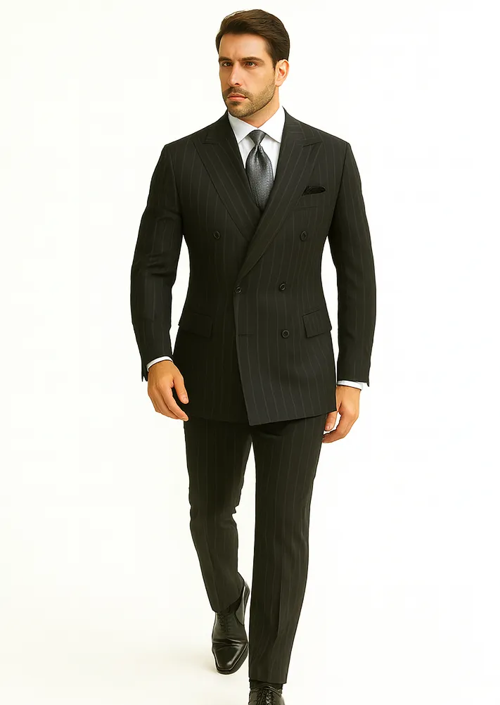 Double Breasted Suits - Vested Suits Wool Fabric - Apolo King Brand - Gray Stripe Suit sold by Alberto Nardoni product image thumbnail 4