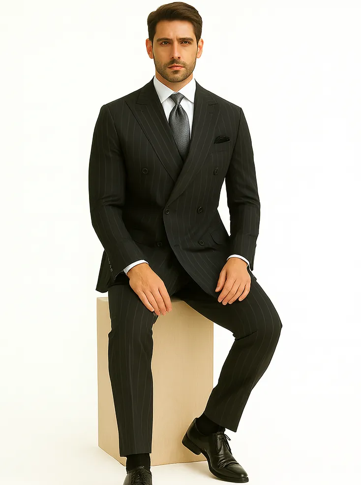 Double Breasted Suits - Vested Suits Wool Fabric - Apolo King Brand - Gray Stripe Suit sold by Alberto Nardoni product image thumbnail 3