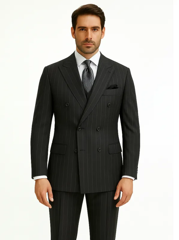 Double Breasted Suits - Vested Suits Wool Fabric - Apolo King Brand - Gray Stripe Suit made by Alberto Nardoni