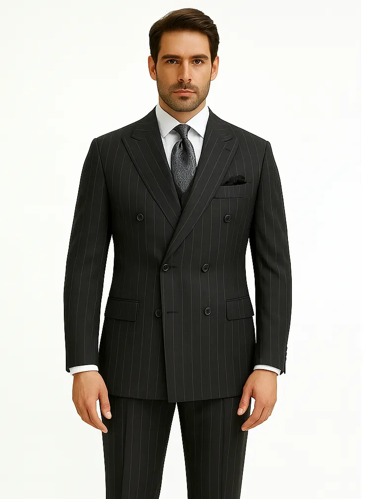Double Breasted Suits - Vested Suits Wool Fabric - Apolo King Brand - Gray Stripe Suit sold by Alberto Nardoni