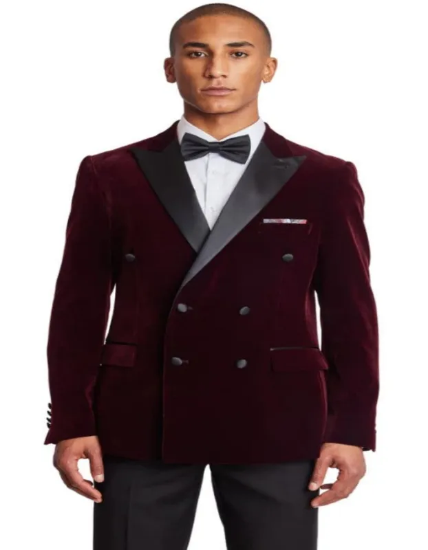 Double Breasted Tuxedo - Velvet Dinner Jacket with Pants in Color Maroon sold by Alberto Nardoni