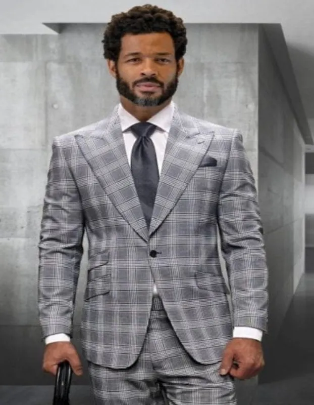Statement Suits - Wool Suits - Peak Lapel Suits - Ticket Pocket - Modern Fit - Grey Plaid Suit sold by Alberto Nardoni