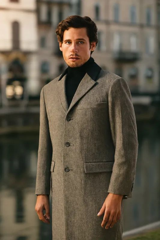 Herringbone Wool & Cashmere Chesterfield Overcoat – 1920s Full Length sold by Alberto Nardoni