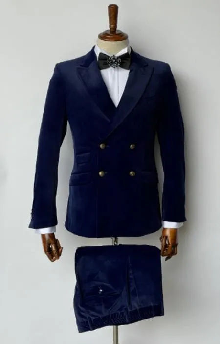 Mens Velvet Suit - Slim Fit Double Breasted Suit - Blazer and Pants R-Blue sold by Alberto Nardoni