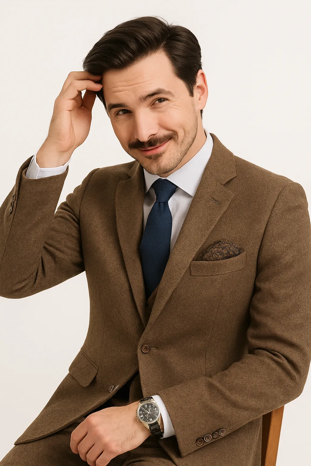 Tweed Suit 1920s Vintage Looking Fabric Vested Brown Herringbone Fabric Suit sold by Alberto Nardoni product image thumbnail 4